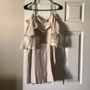 Taupe, short, off the shoulder, button up dress